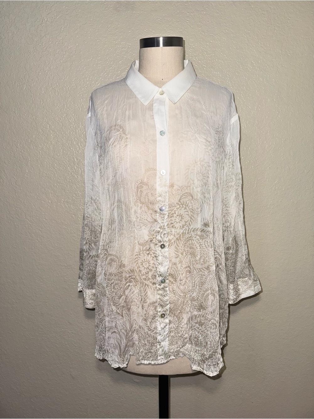 Chico’s Burnout Paisley Sheer Button Down Blouse XL Boho Career Top